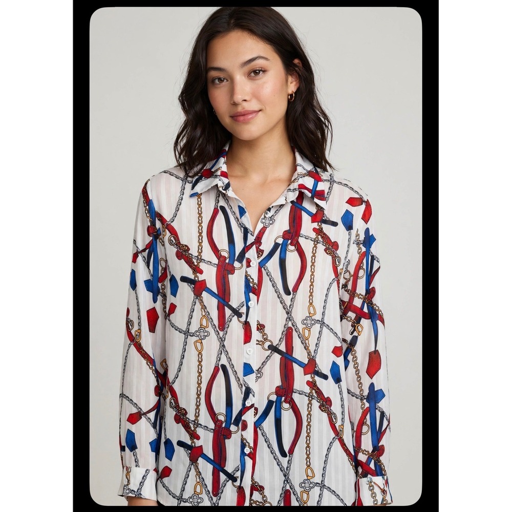 Lisa Maree Equestrian Chain Print Button Down Shirt Tunic White Red Blue Large